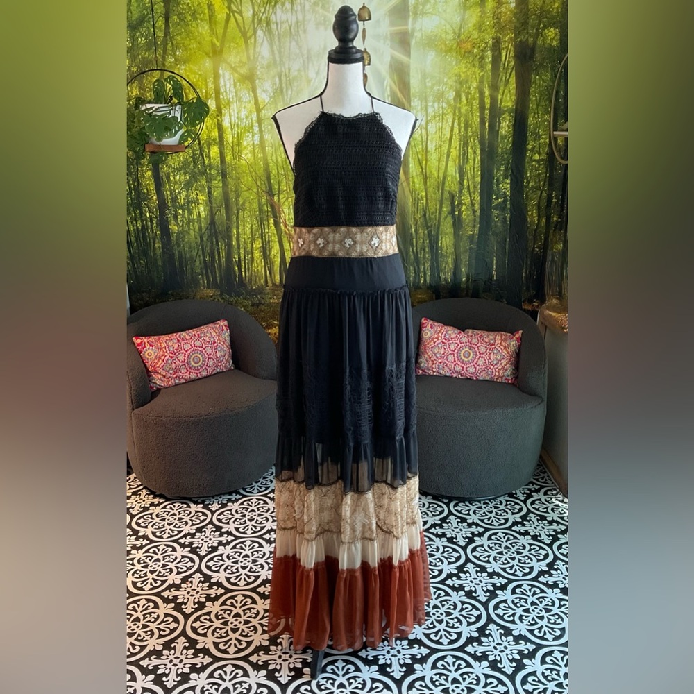 White House Black Market Black and Tan Halter Maxi Dress